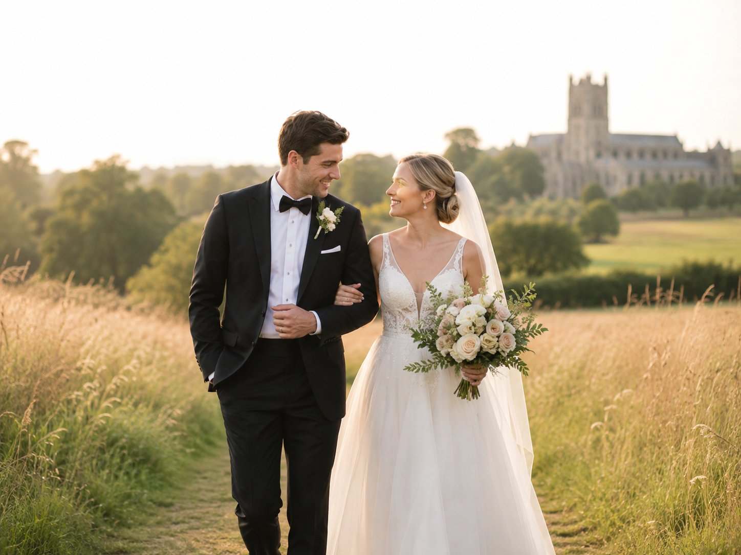 Bride and groom walking in the countryside