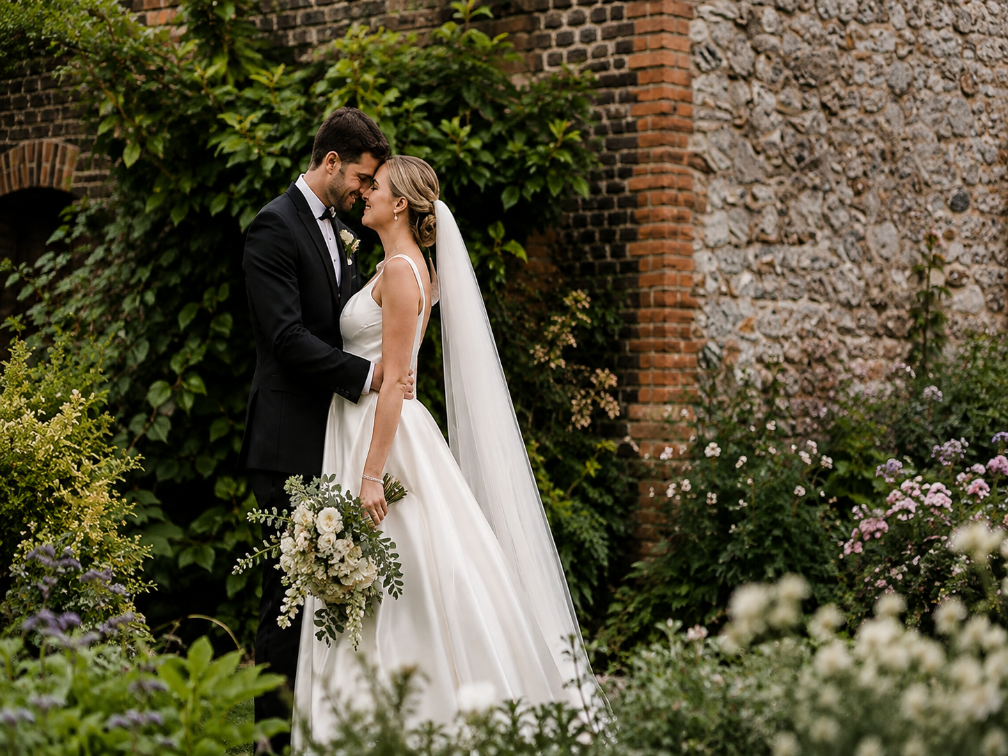Bride and groom in a romantic garden setting
