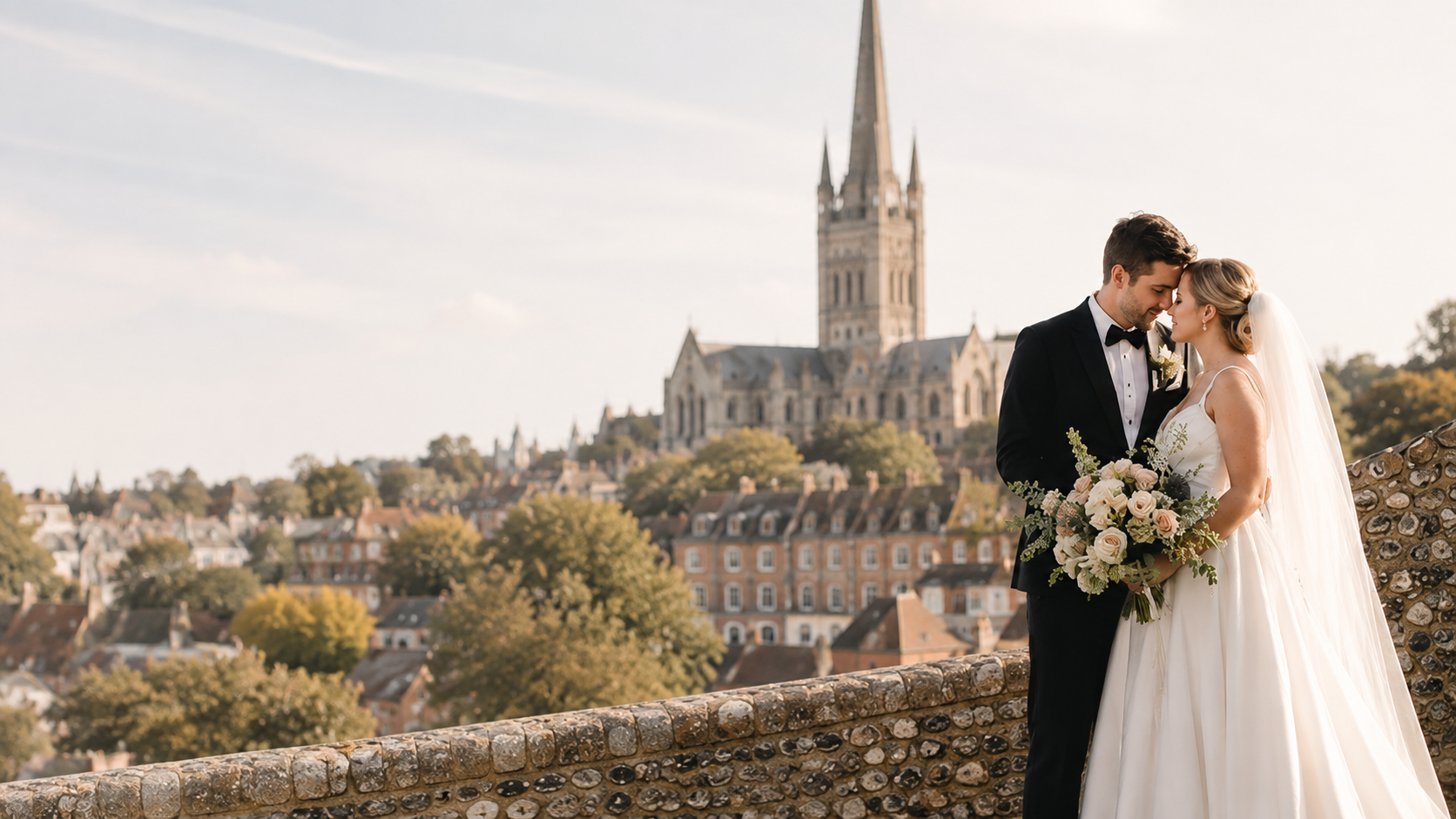 Wedding portrait overlooking Norwich Cathedral
